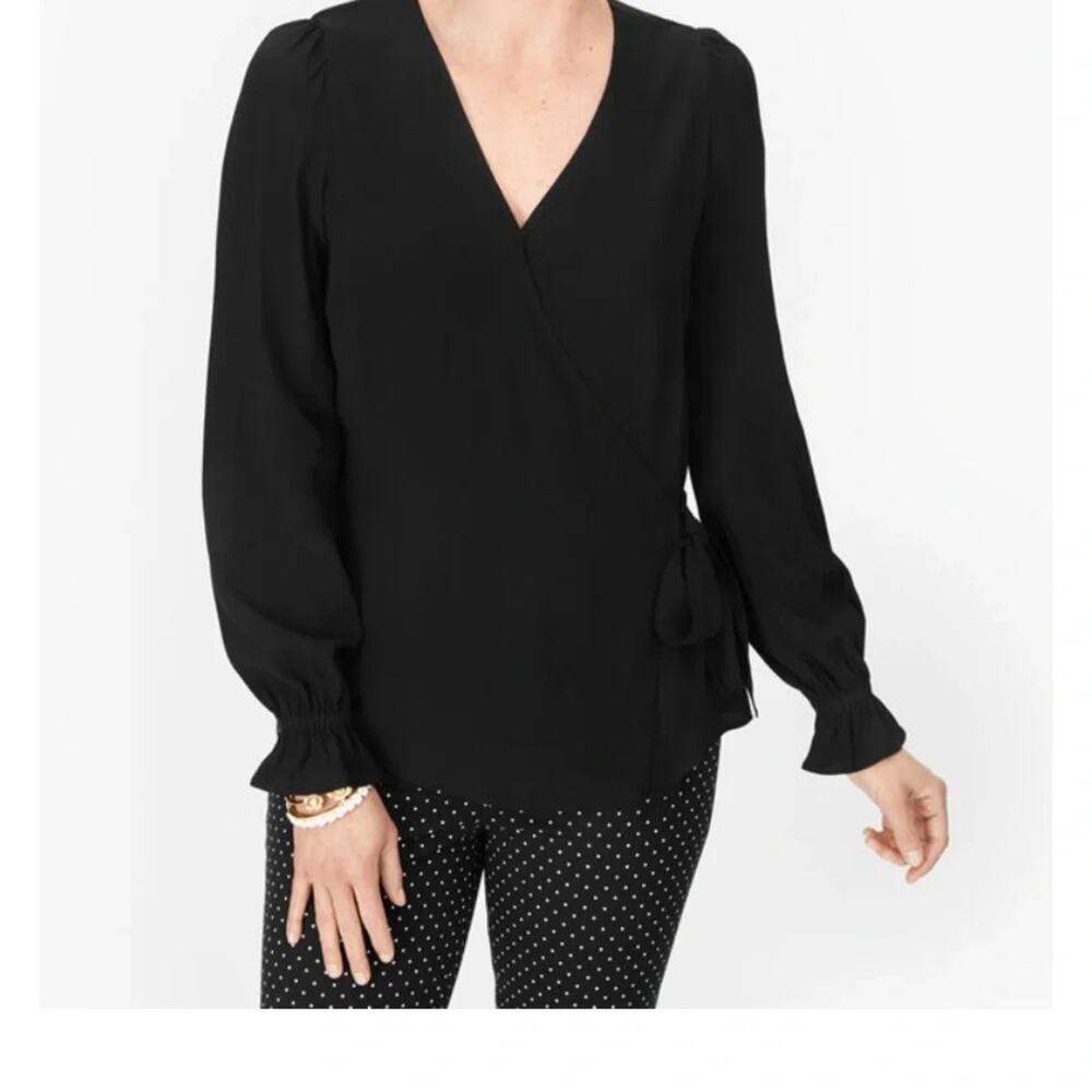 Talbots Wrap Top Large Black Long Sleeve Crepe Career Party Casual